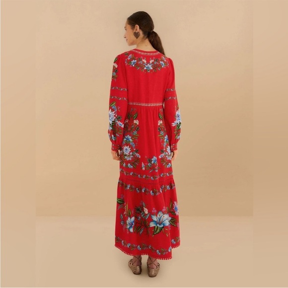 FARM Rio Red Sweet Bloom Bouquet Lenzing Ecovero Euroflax Midi Dress - Picture 4 of 12